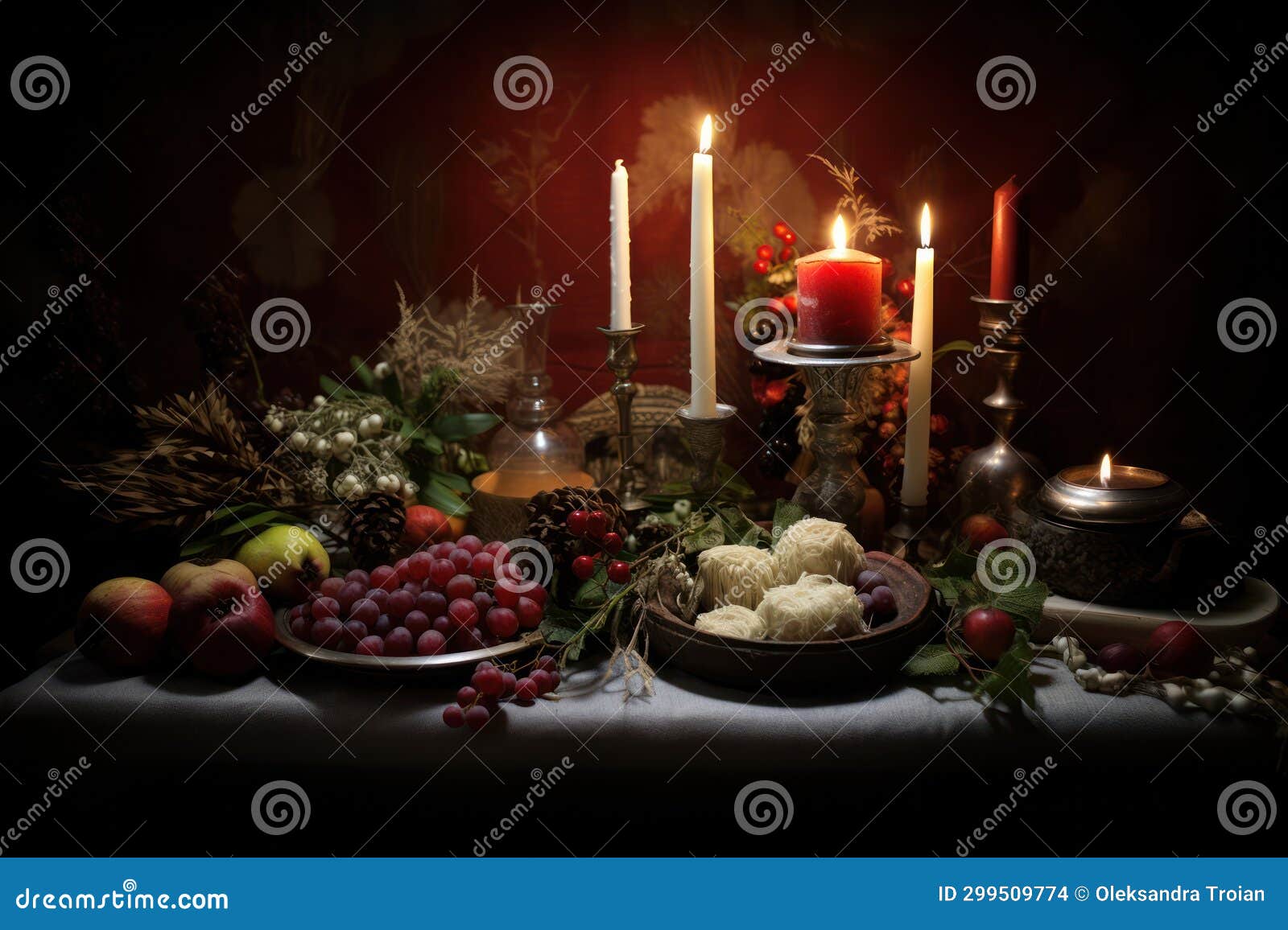 winter solstice yule celebration, traditional pagan pre-christian food table for yule holiday