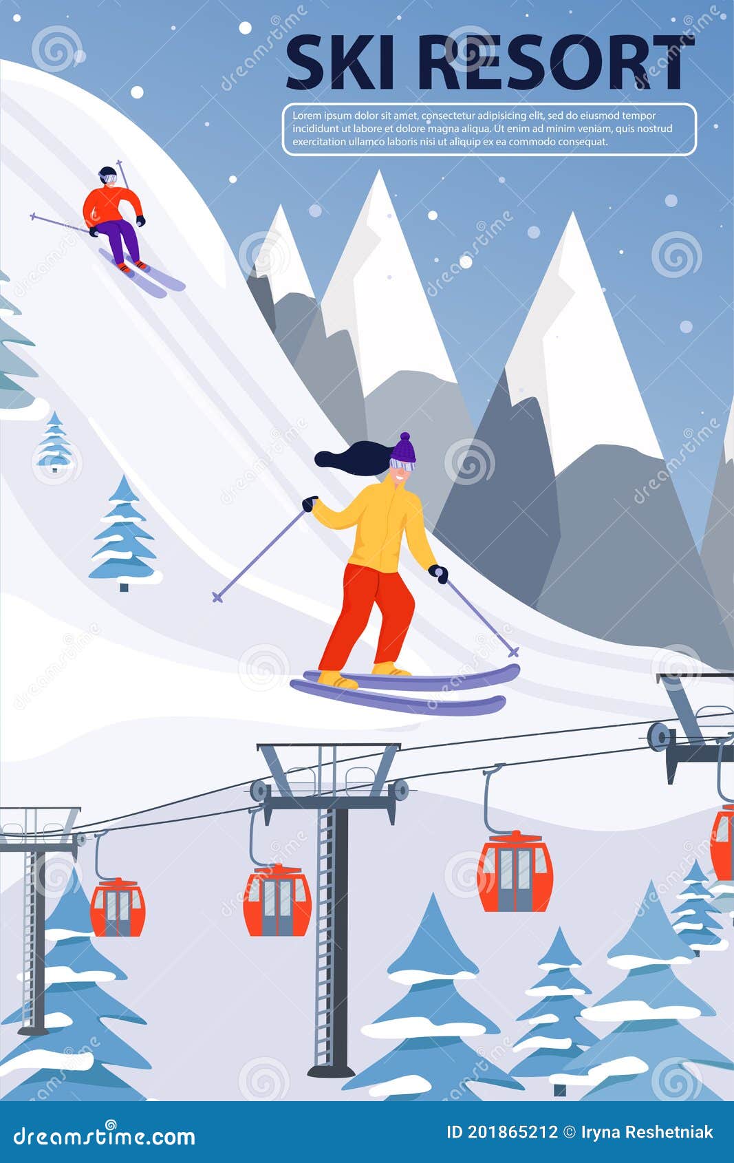 Ski Resort Banner Illustration with Ski Lift and Skiers. Sportsmans ...