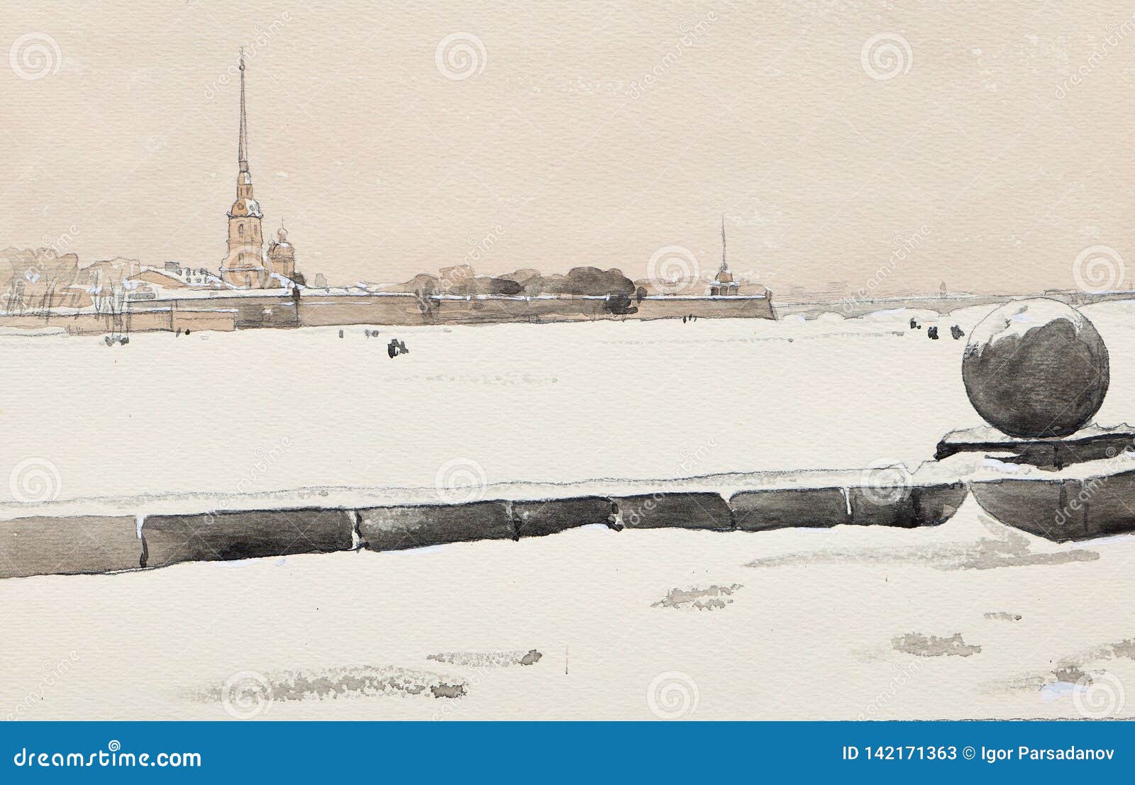 Зимний Санкт Петербург акварель Петропавловская крепость