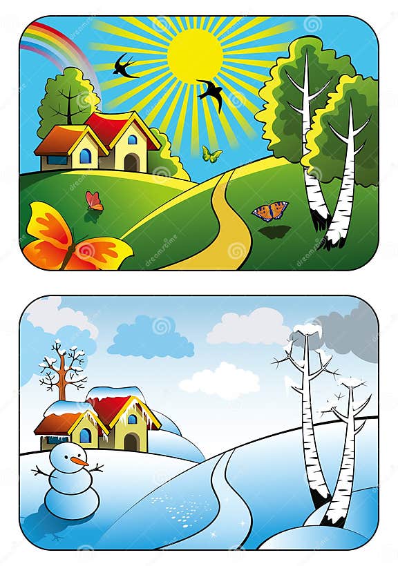 Winter and Summer Landscape Stock Vector - Illustration of building ...