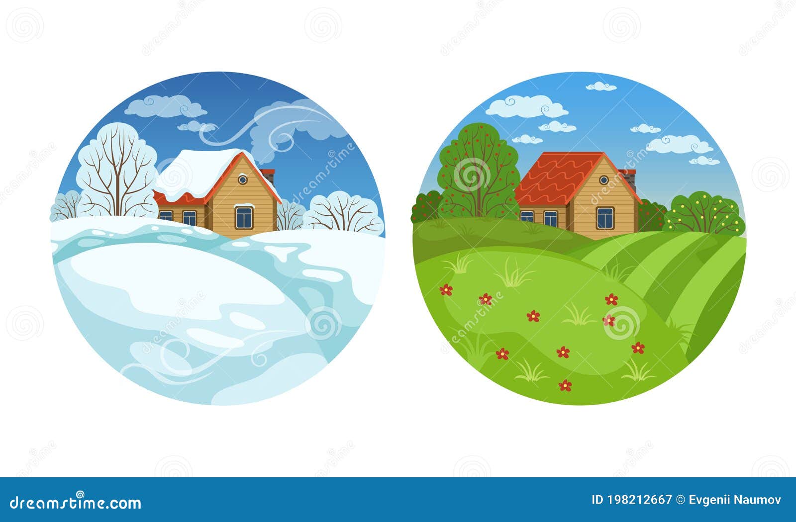 Winter and Summer Landscape Set, Two Seasons of Nature, View of Small Country House in Circle Shape Cartoon Vector Stock Vector - Illustration of farm, collection: 198212667 Winter and Summer Landscape Set, Two Seasons of Nature, View of Small Country House in Circle Shape Cartoon Vector Stock Vector - Illustration of farm, collection: 198212667