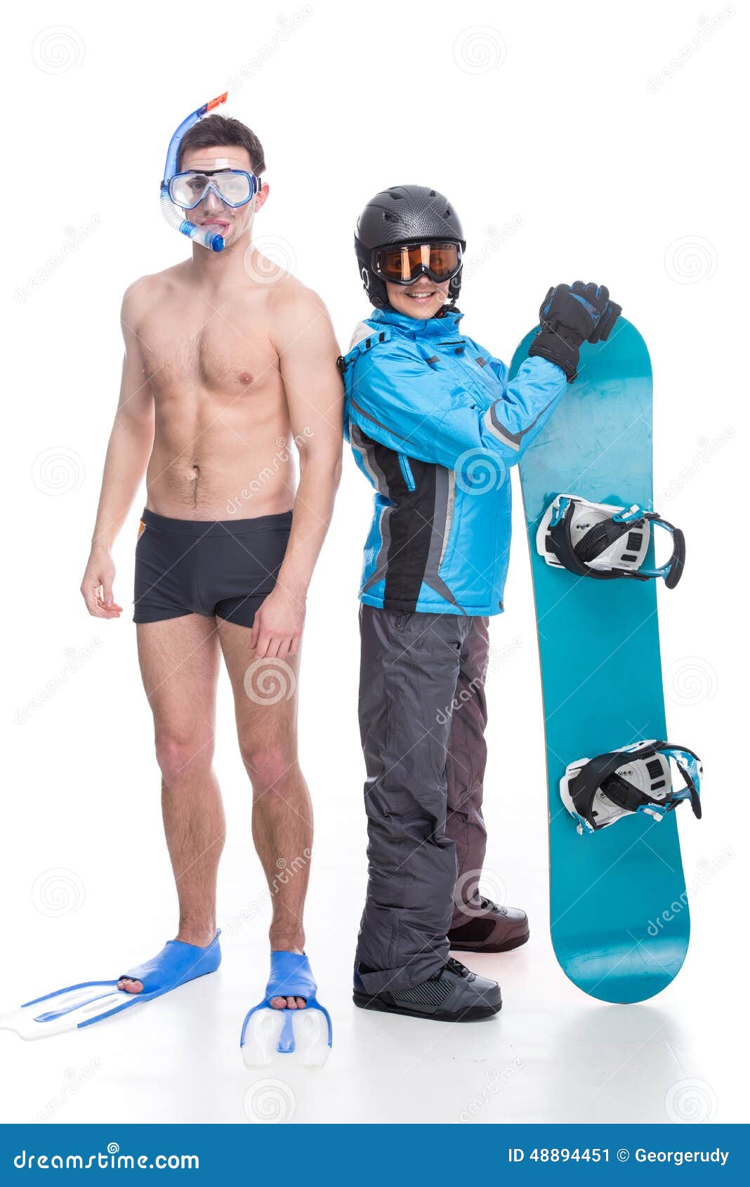 Winter and summer sports. Concept of summer and winter sports. Young men with diving equipment and a women with snowboard.