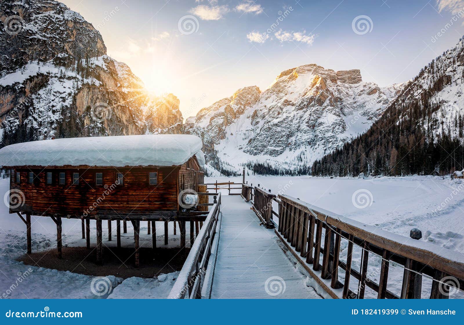 Winter Sunrise Over The Frozen Lago Di Braies In The Dolomites Italy