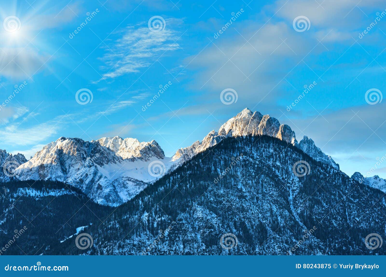 winter sunshiny mountain top landscape austria.