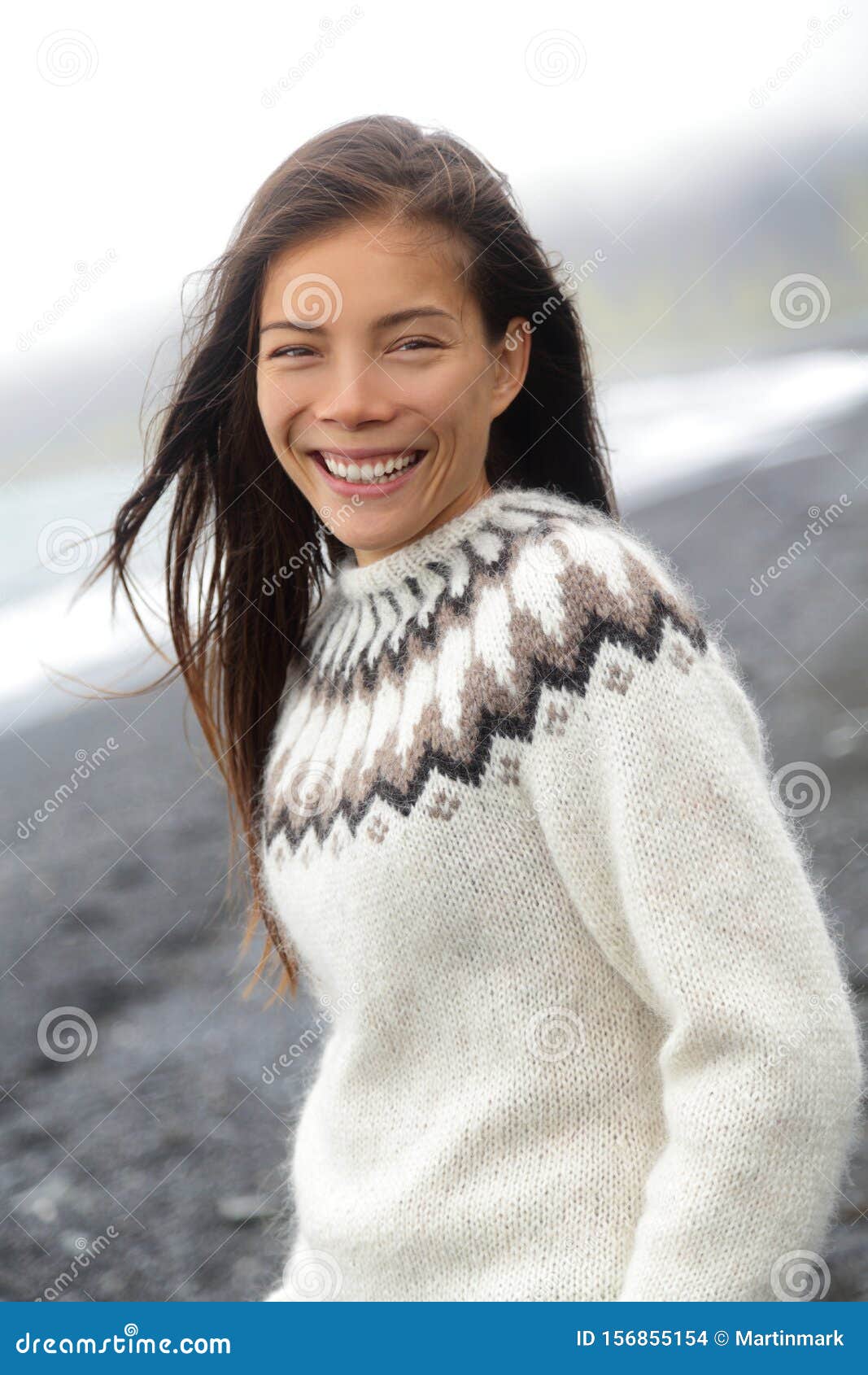 Winter Sweater Asian Woman Wearing Icelandic Pattern Wool Knitted ...