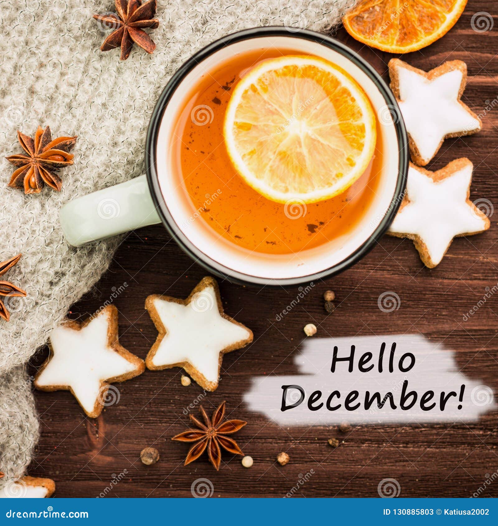 winter theme. hot tea with spices,orange,cinnamon,anise,cookies