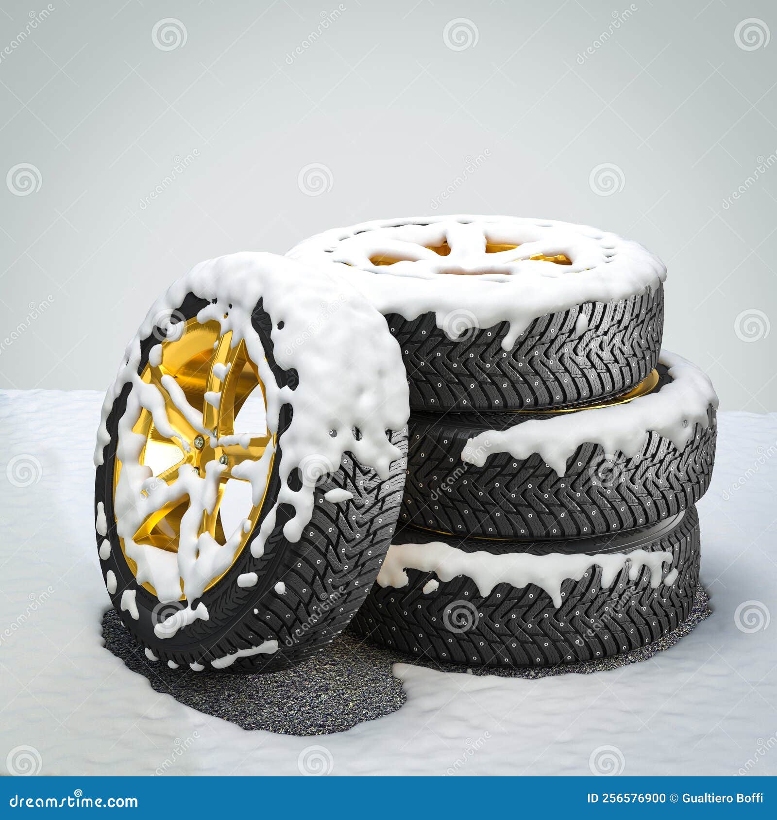 Winter Tires with Gold Rims Covered by Snow Stock Illustration