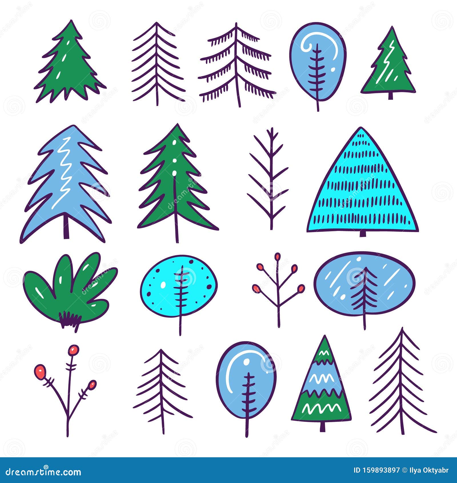 Winter Tree Vector Illustration Set. Cartoon Style. Isolated on White