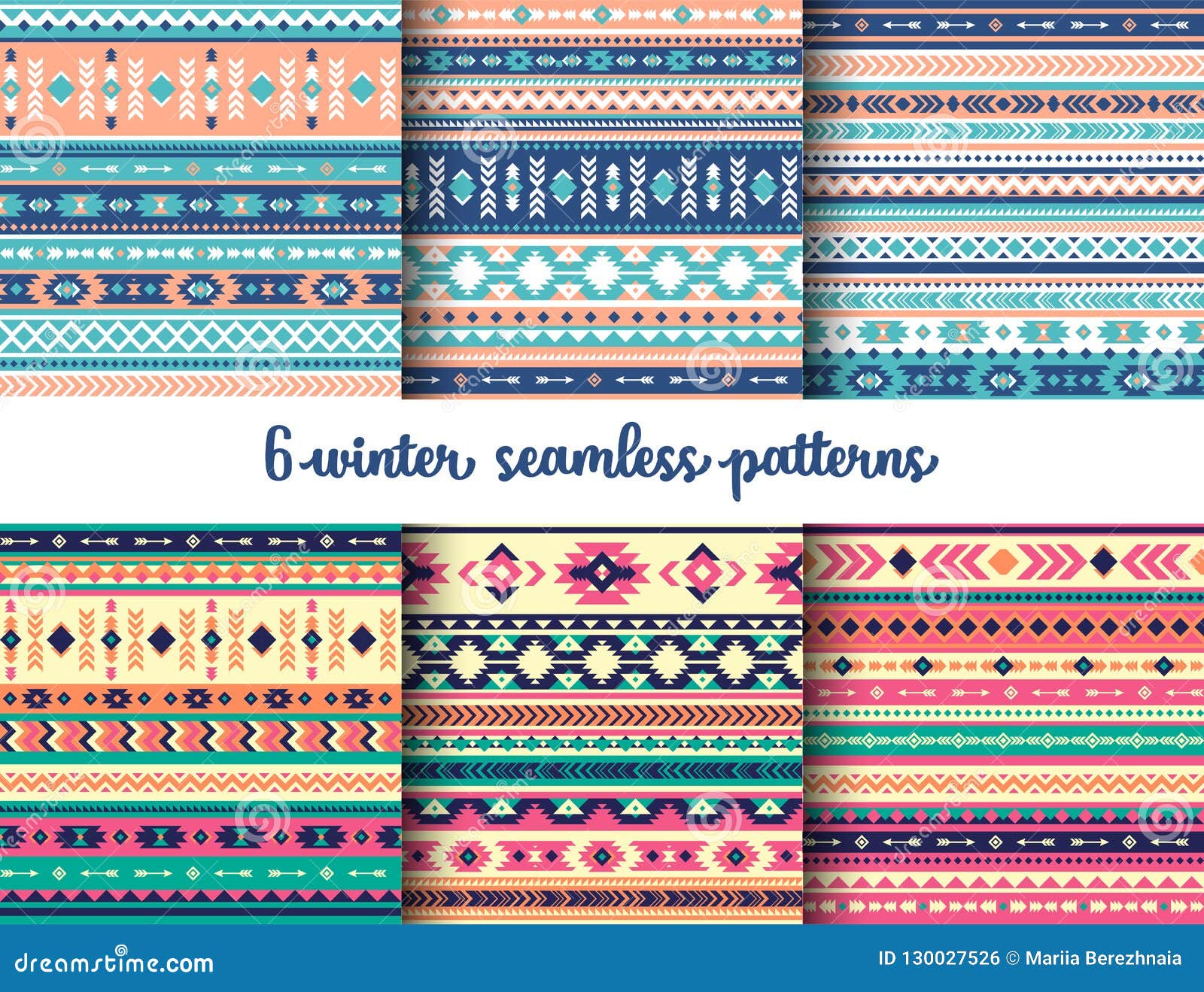 6 winter tribal  seamless patterns set. aztec geometric