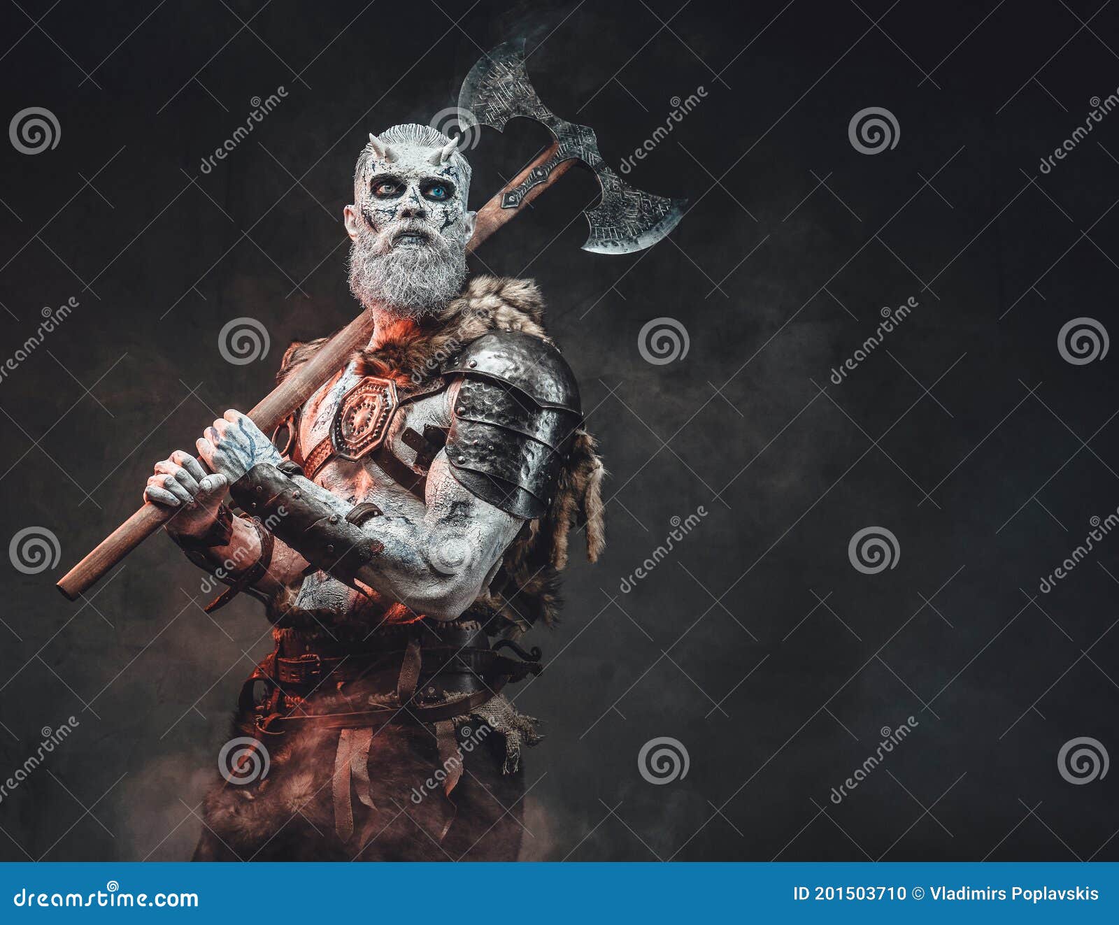 Winter Undead Chief from North with Hatchet in Dark Background Stock ...