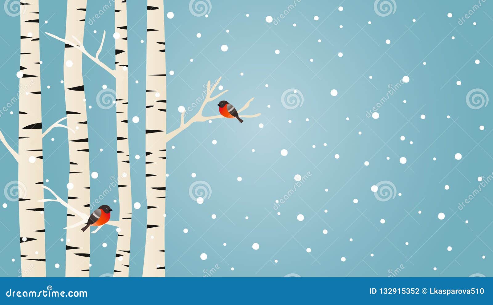 Winter Vector Background with Birch Trees and Birds Stock Vector