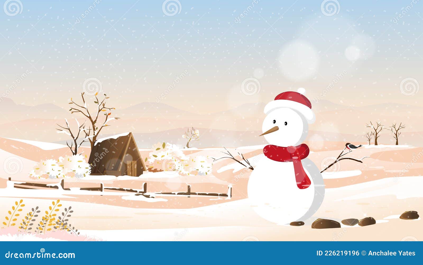 Winter Wonderland Landscape with Snow Man and Wood Barn in Farm  Fields,Vector Cute Cartoon Seasonal in Countryside with Bokeh Stock Vector  - Illustration of design, poster: 226219196
