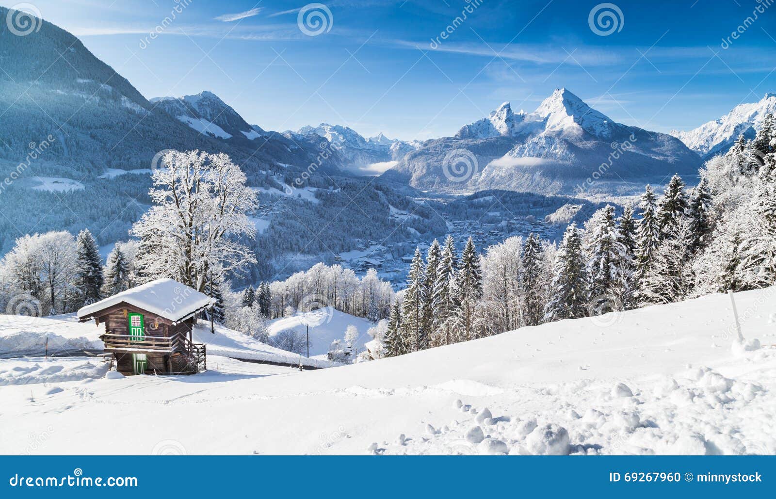 winter wonderland with mountain chalet in the alps