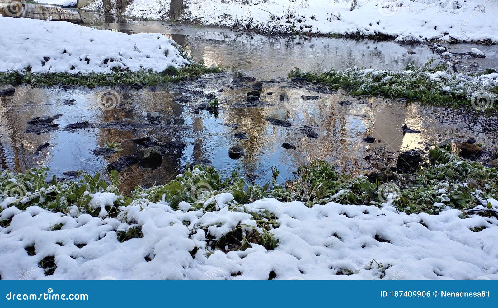 winterscape streaming river view in the park