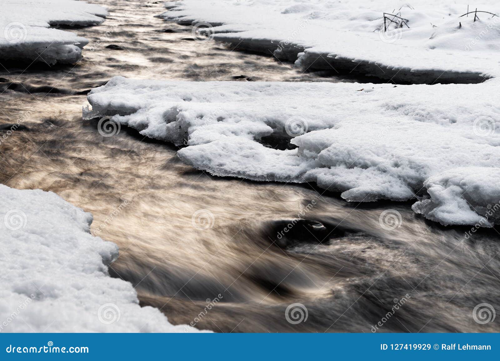wintery river view with evening light, water movement and snow