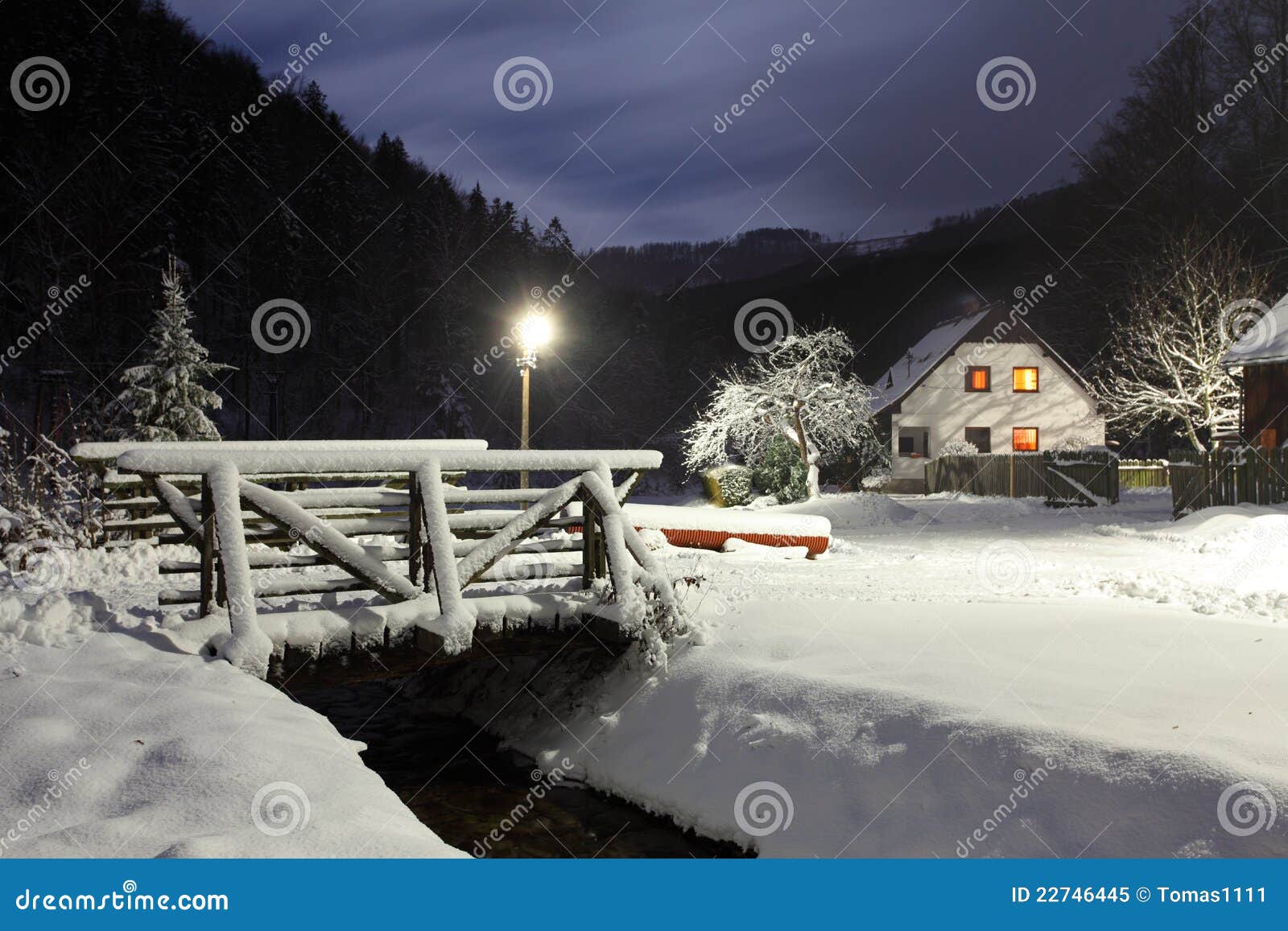 wintry landscape with chalet.