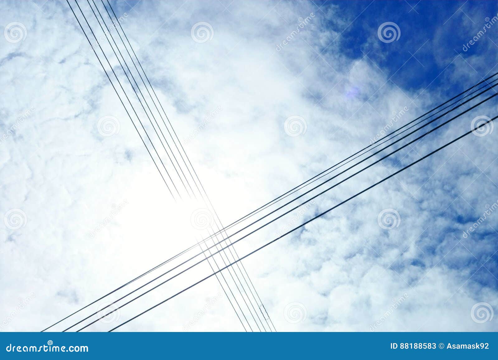 Wire Cable, Blue Sky and White Cloud. Beautiful Background Stock Image
