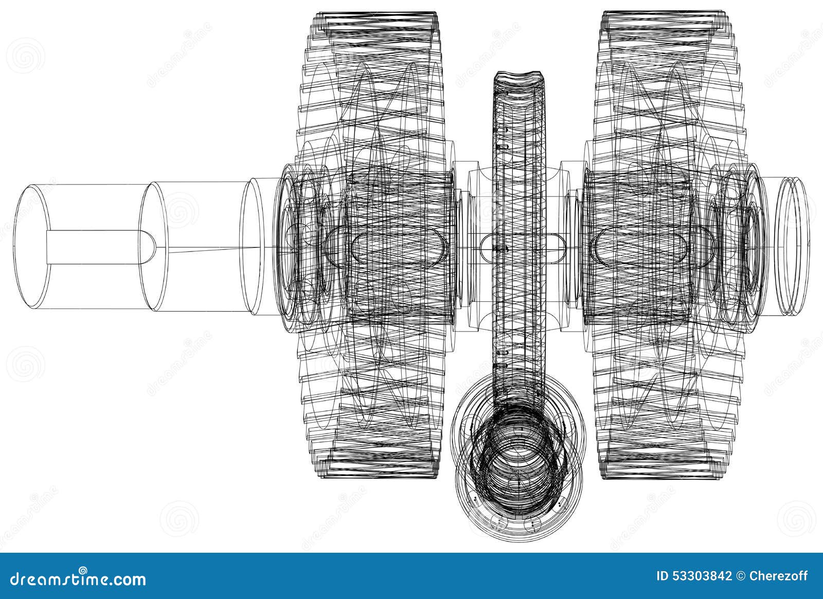 Wireframe Gears with Shafts. Closeup Stock Vector Illustration of