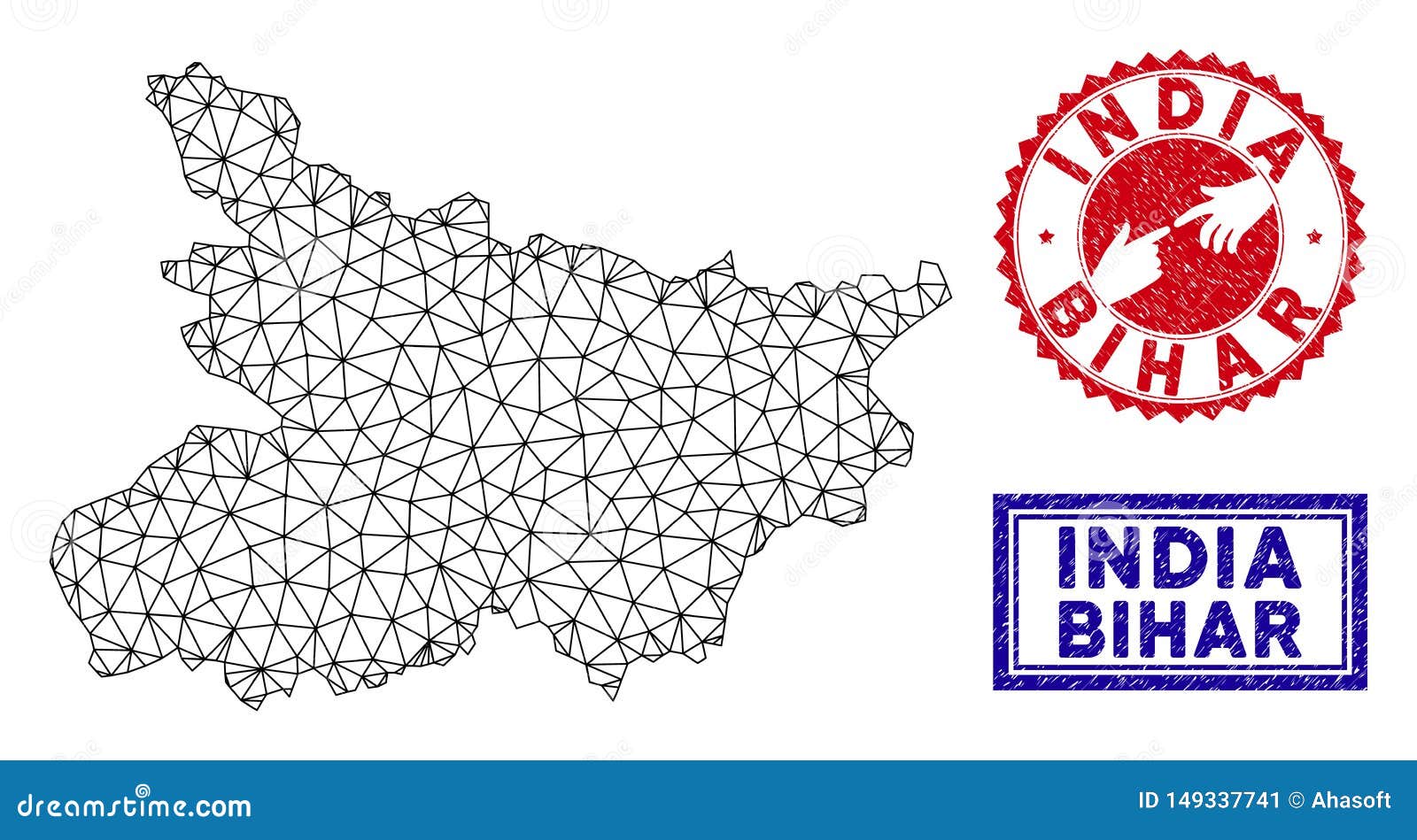 Polygonal Network Bihar State Map and Grunge Stamps Stock Vector