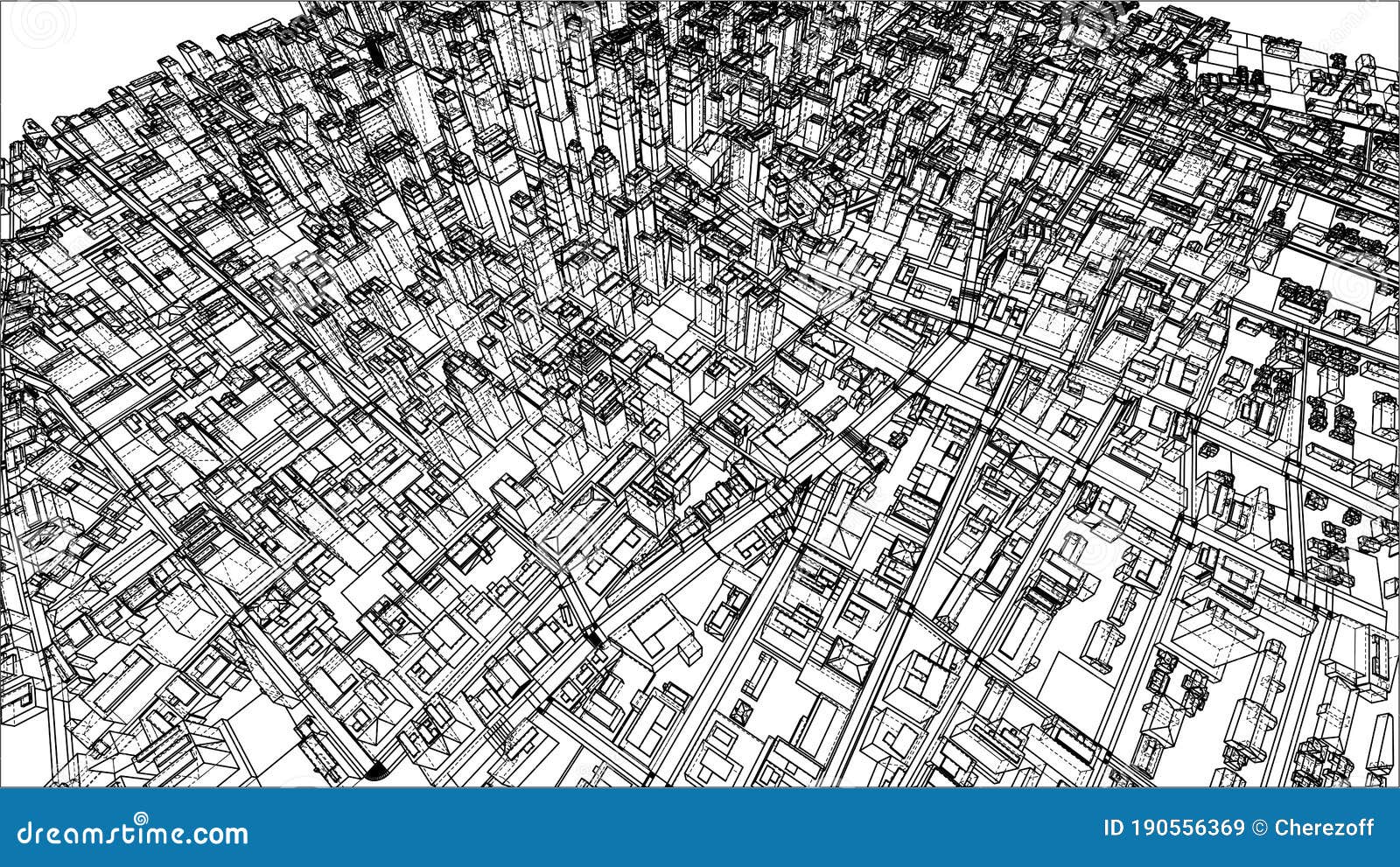 wire-frame twisted city, blueprint style