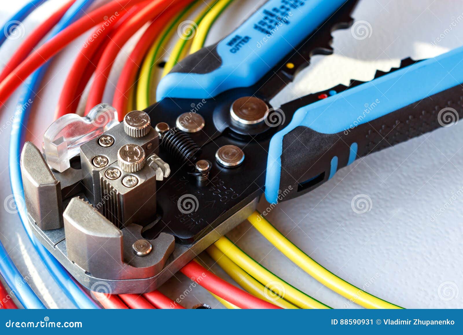 Wire Stripper and Cutter Closeup with Colored Power Cords Stock Image