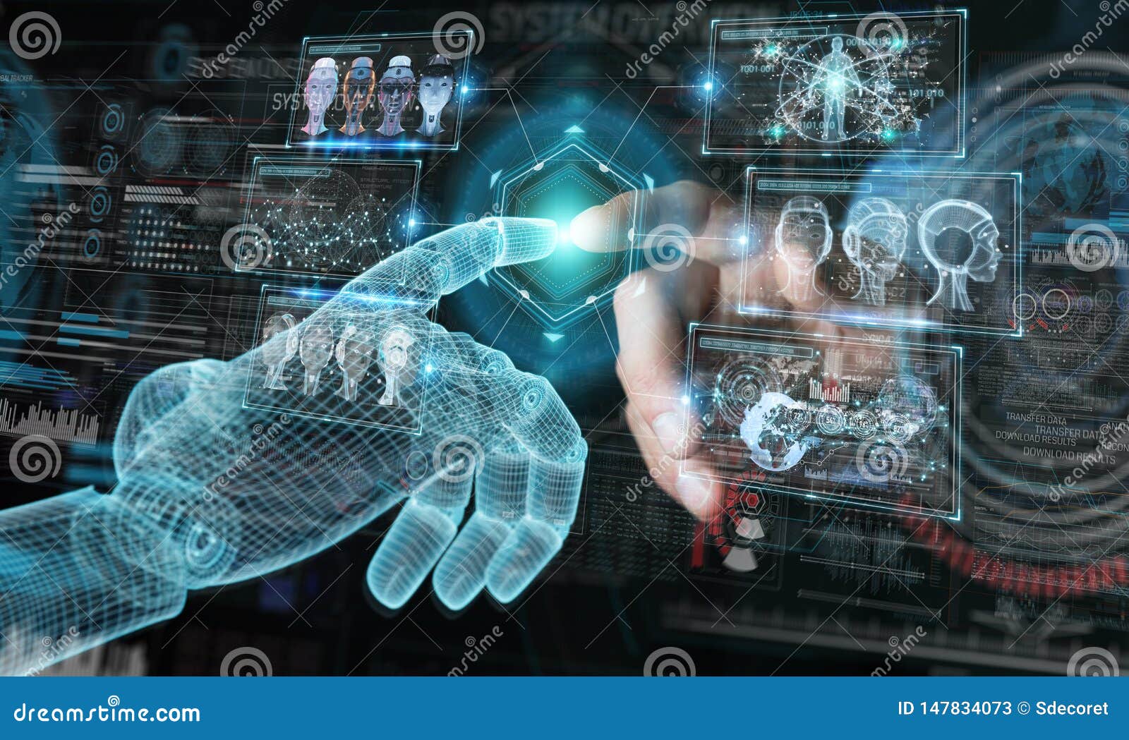 wireframed robot hand and human hand touching digital graph interface on dark 3d rendering