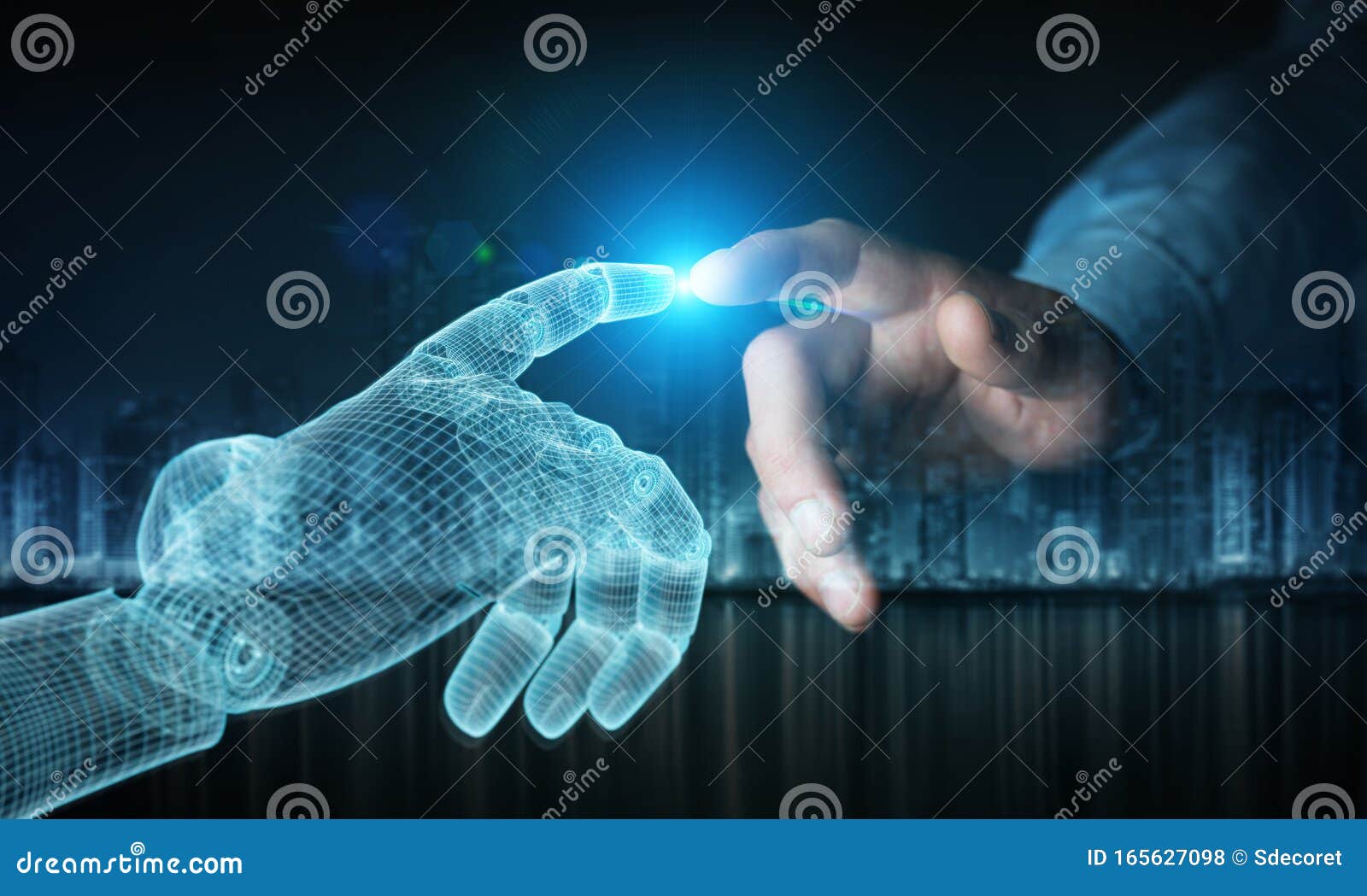 wireframed robot hand making contact with human hand on dark 3d rendering