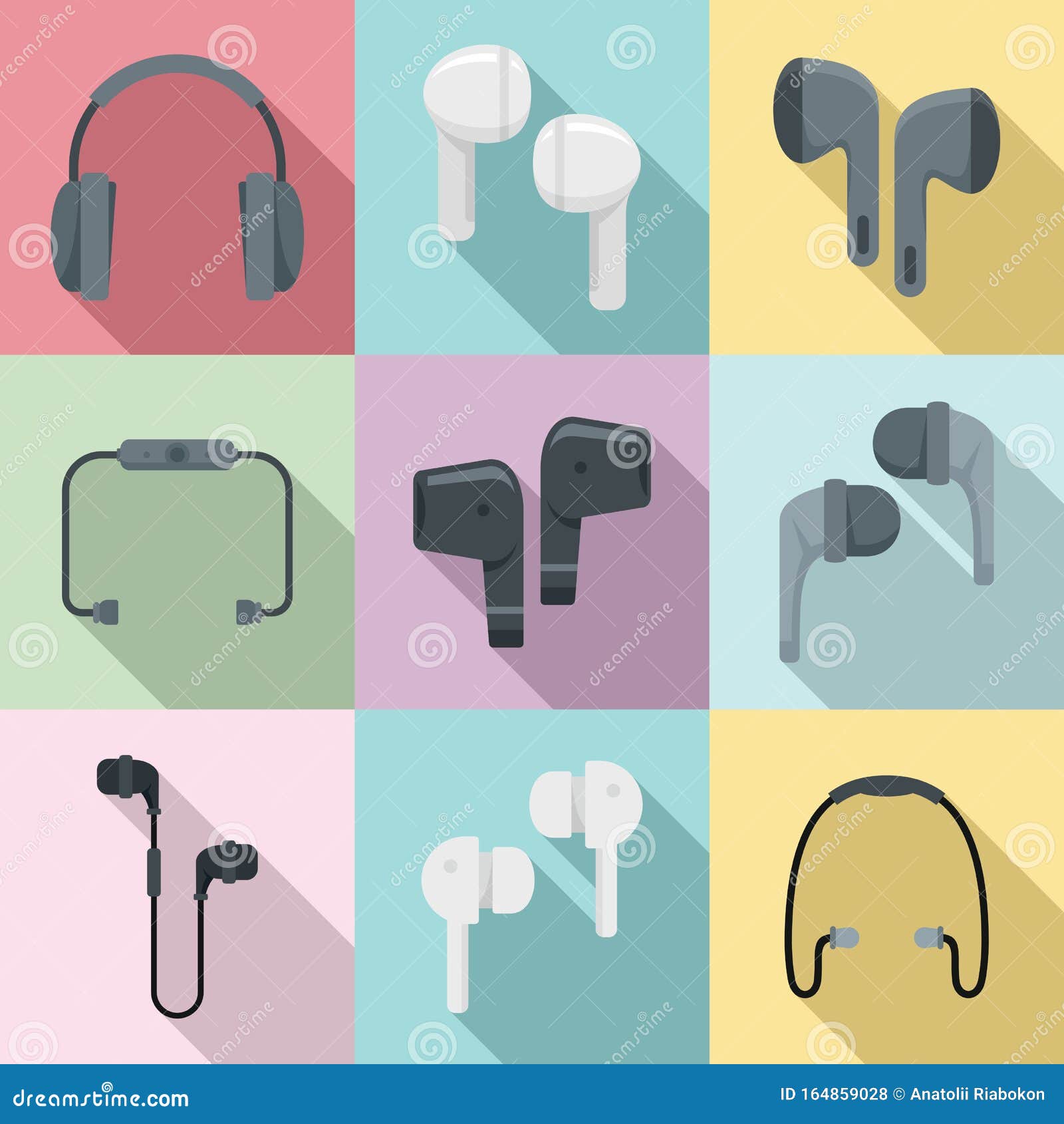 Wireless Earbuds Icons Set, Flat Style Stock Vector Illustration of
