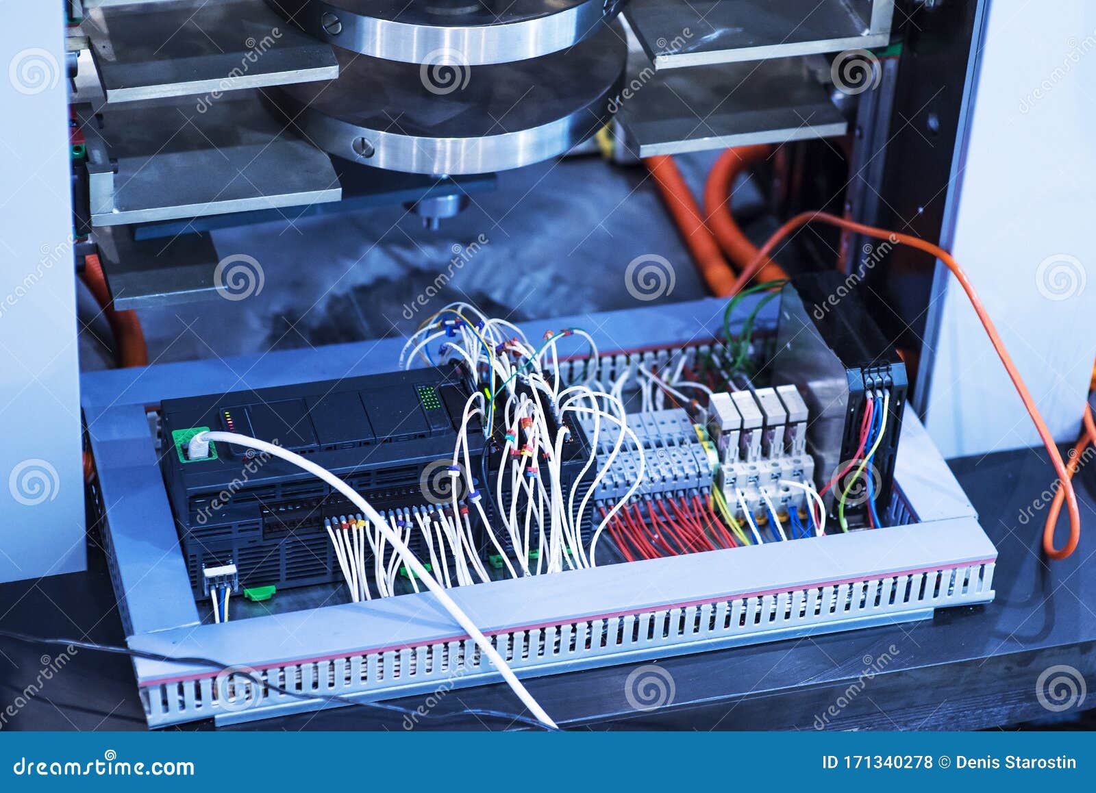Wiring Control Electrical Panel with Wires in Industry Stock Photo