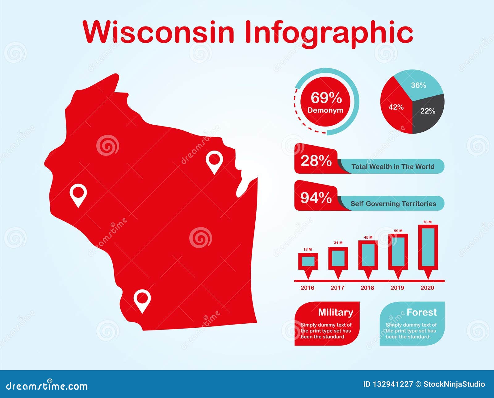 Wisconsin State USA Map with Set of Infographic Elements in Red Color