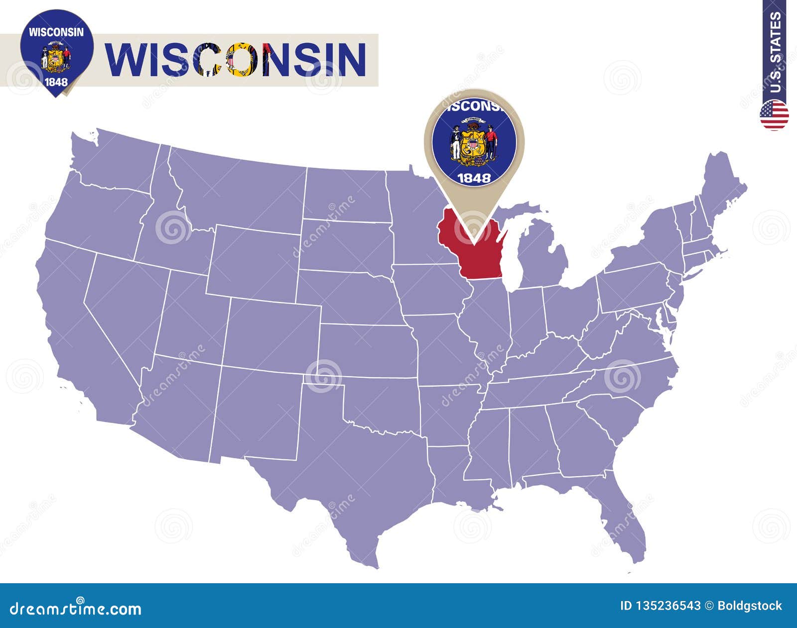Wisconsin State On Usa Map Wisconsin Flag And Map Stock Vector