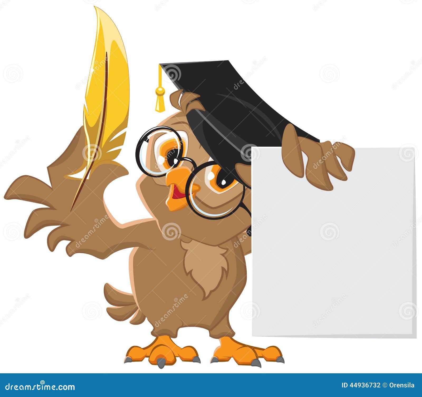 wise owl holding a golden pen and a sheet of paper