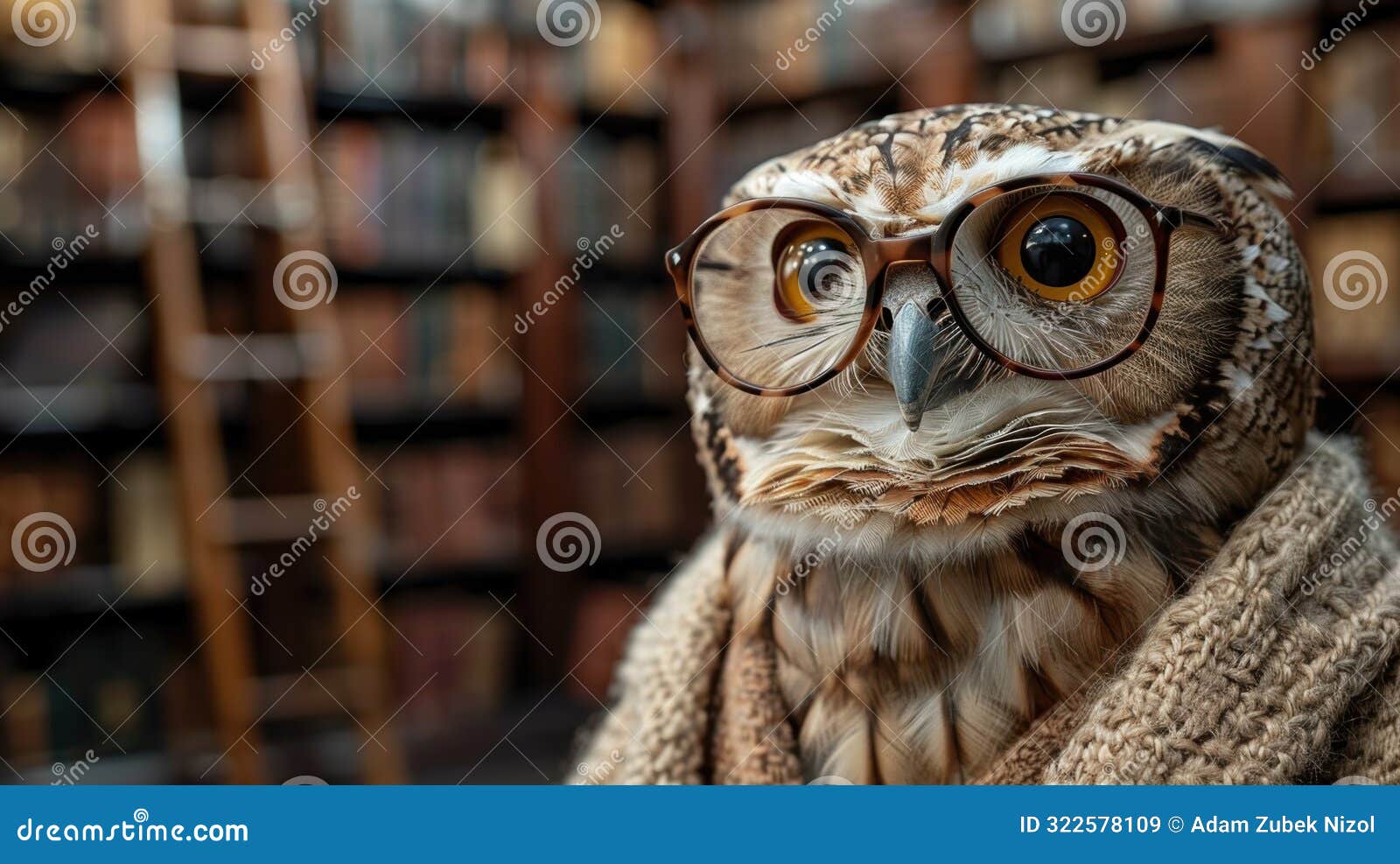 wise owl wearing glasses in library