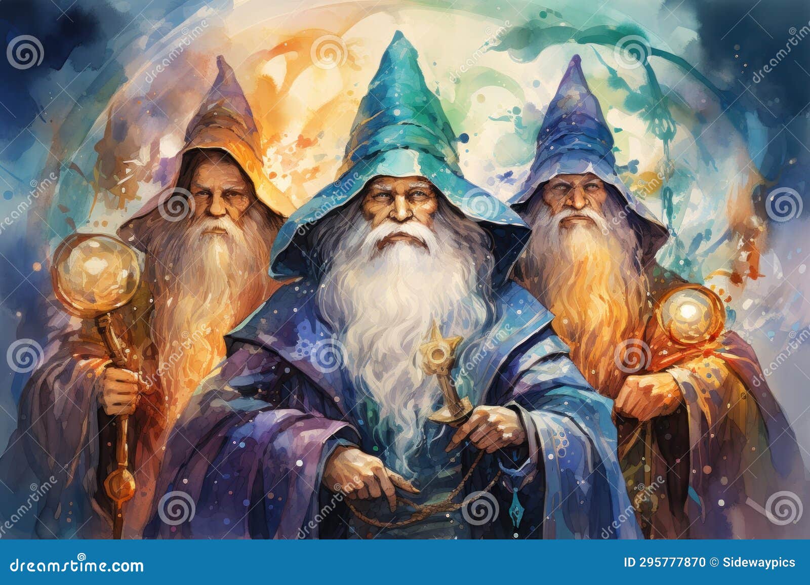 Wise and Powerful Wizards Generative AI Stock Illustration
