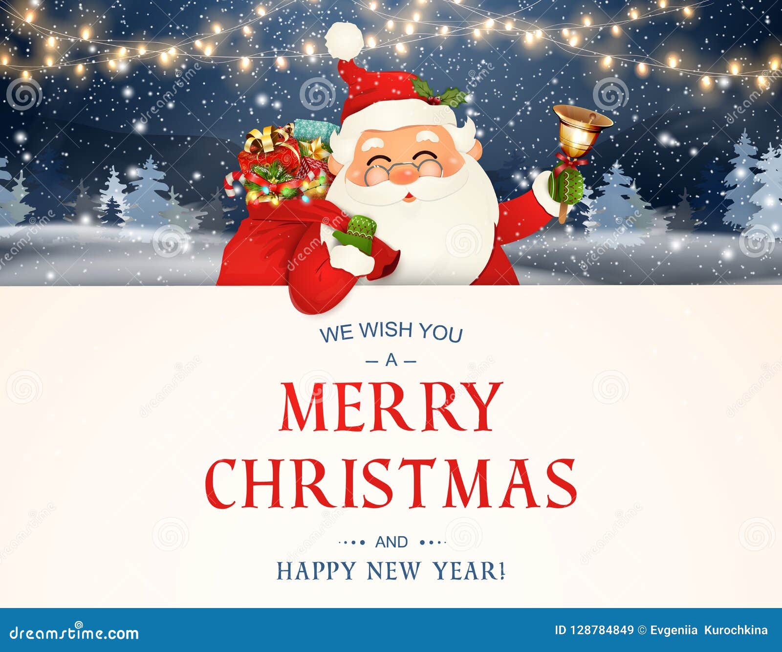 we wish you a merry christmas. happy new year. santa claus character with big signboard. merry santa clause with jingle
