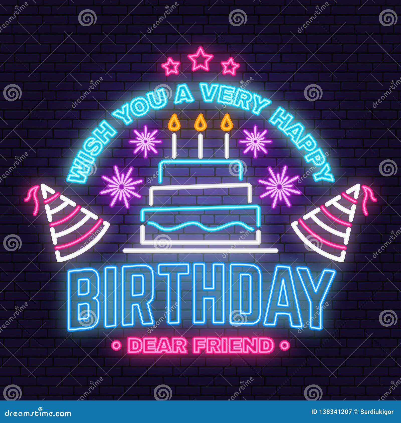 Wish You A Very Happy Birthday Dear Friend Neon Sign Badge Sticker With Birthday Hat Firework And Cake With Candles Stock Vector Illustration Of Happy Backdrop Wish You A Very Happy Birthday Dear Friend Neon Sign Badge Sticker With Birthday Hat Firework And Cake With Candles Stock Vector Illustration Of Happy Backdrop