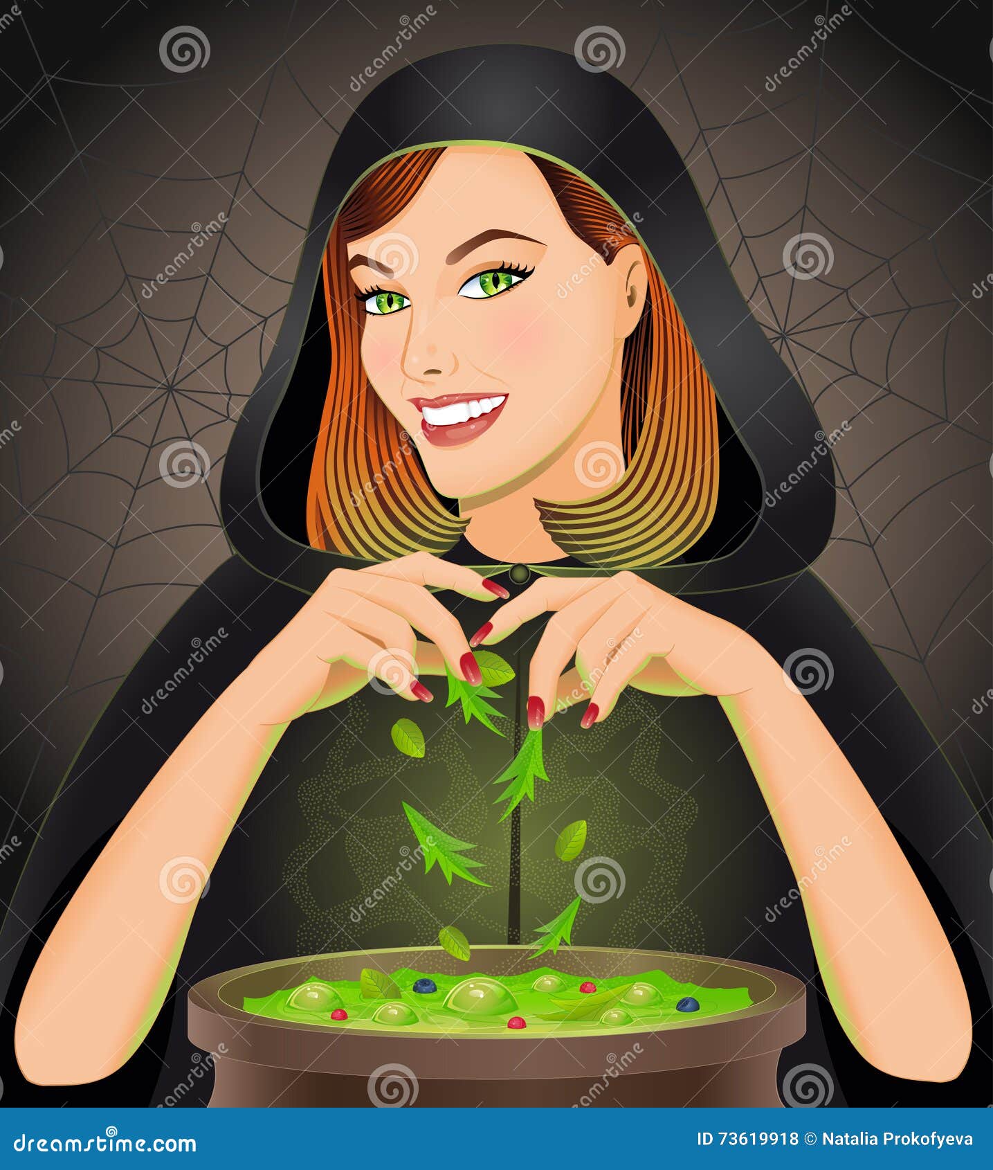 Witch Brewing A Potion In A Cauldron Cartoon Vector