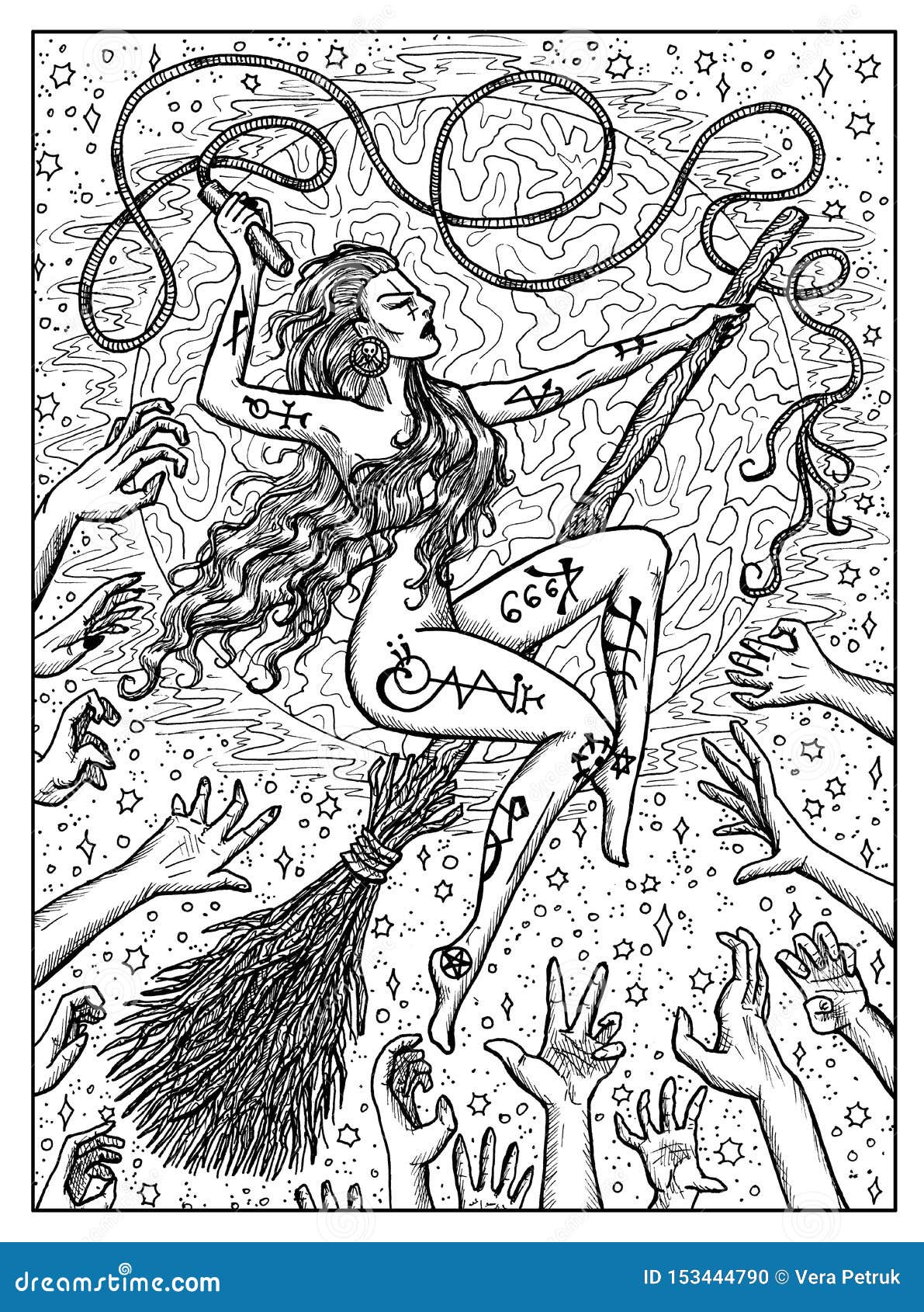 witch on broomstick. black and white mystic concept for lenormand oracle tarot card