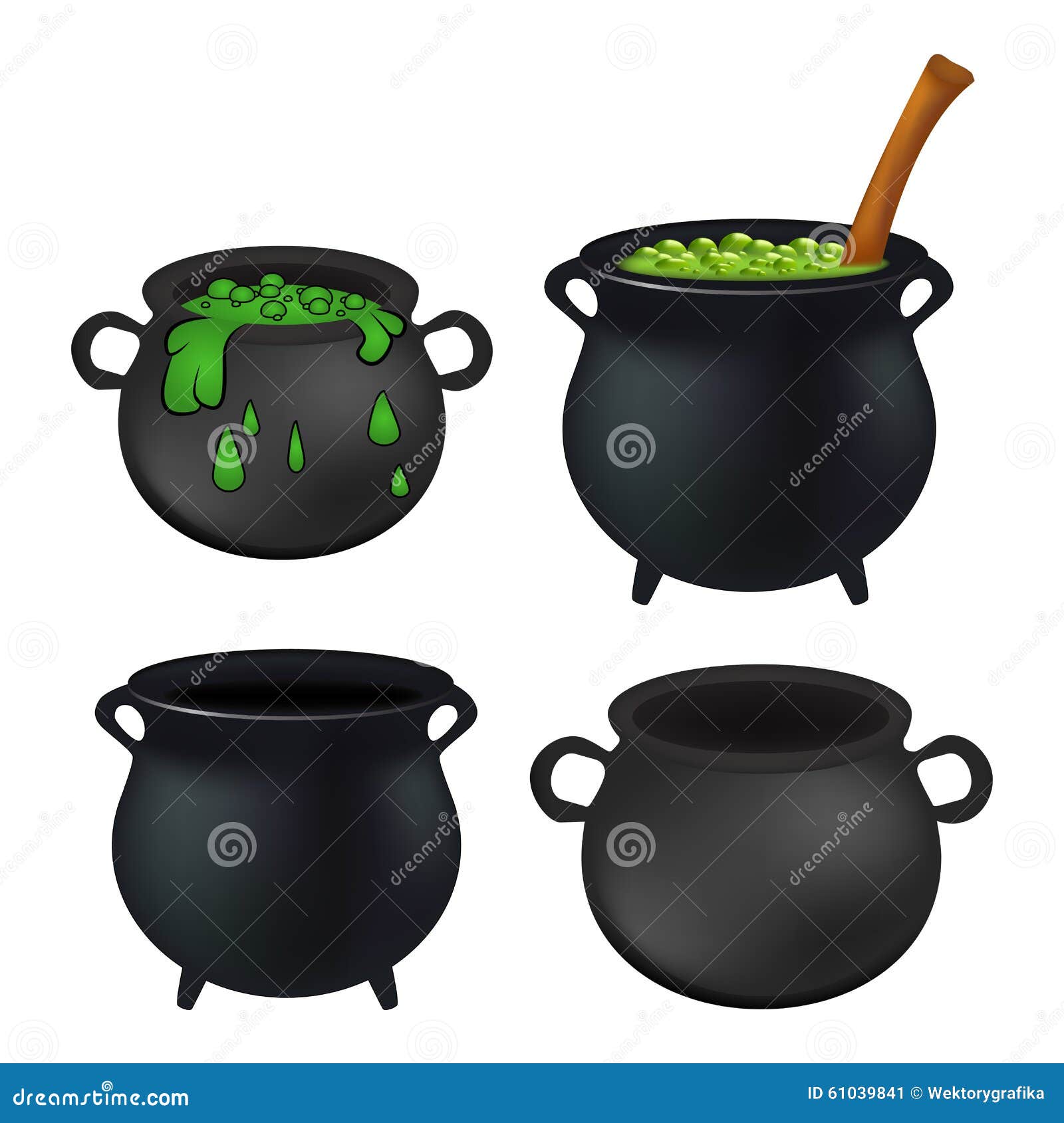 witch cauldron empty and with green potion, bubbling witches brew set. realistic    on white background.