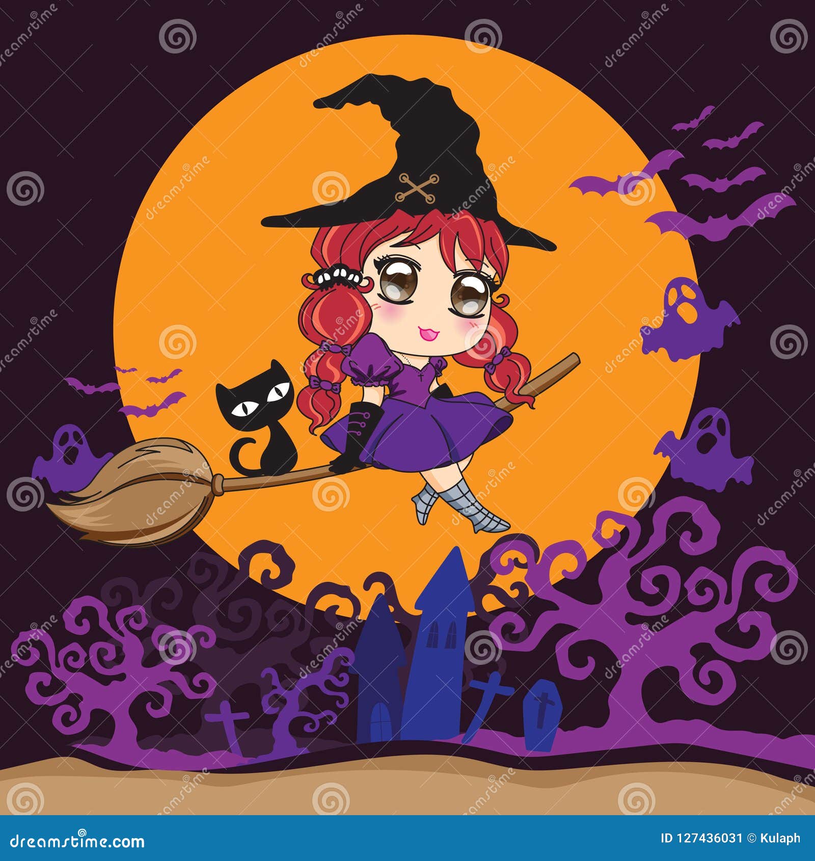 Witch Flying With Black Cat On A Broomstick Over The Moon. Dark Stock