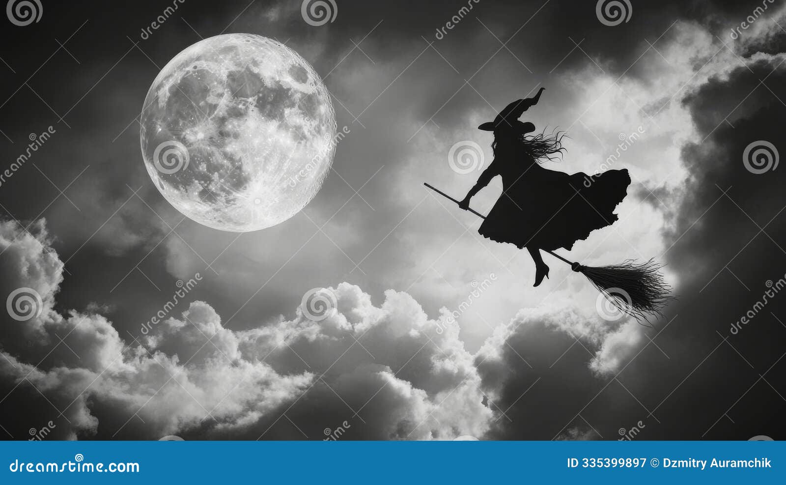 a witch flying a broomstick against a full moon, with dark clouds and bats in the background, creating a classic