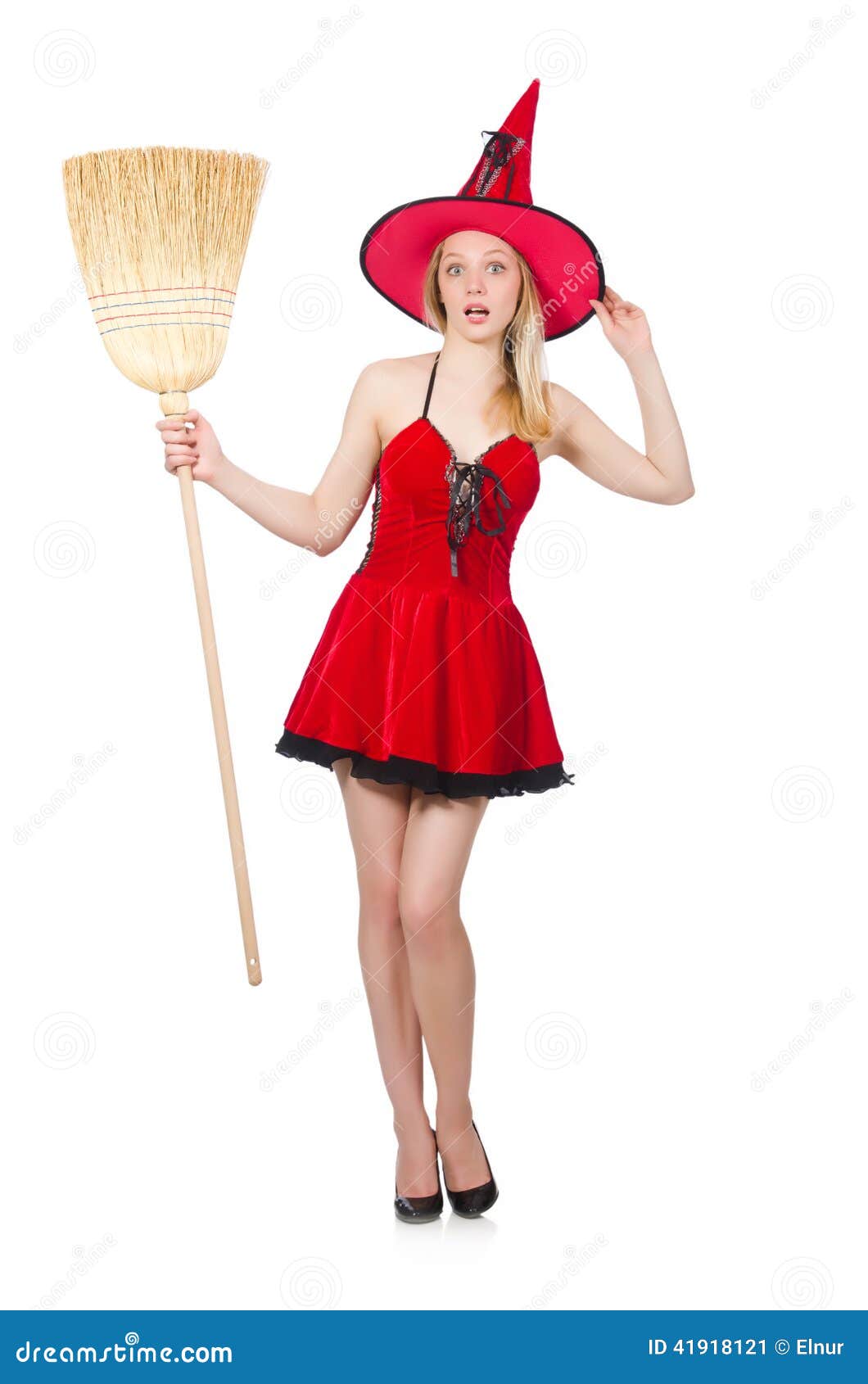 Witch in red dress stock image. Image of broom, magical - 41918121