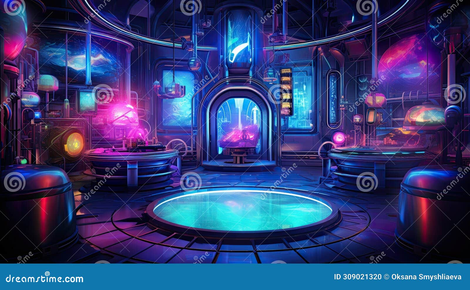 witch or wizard alchemical laboratory with magic books and potions with mystic glow at night. futuristic alchemy lab