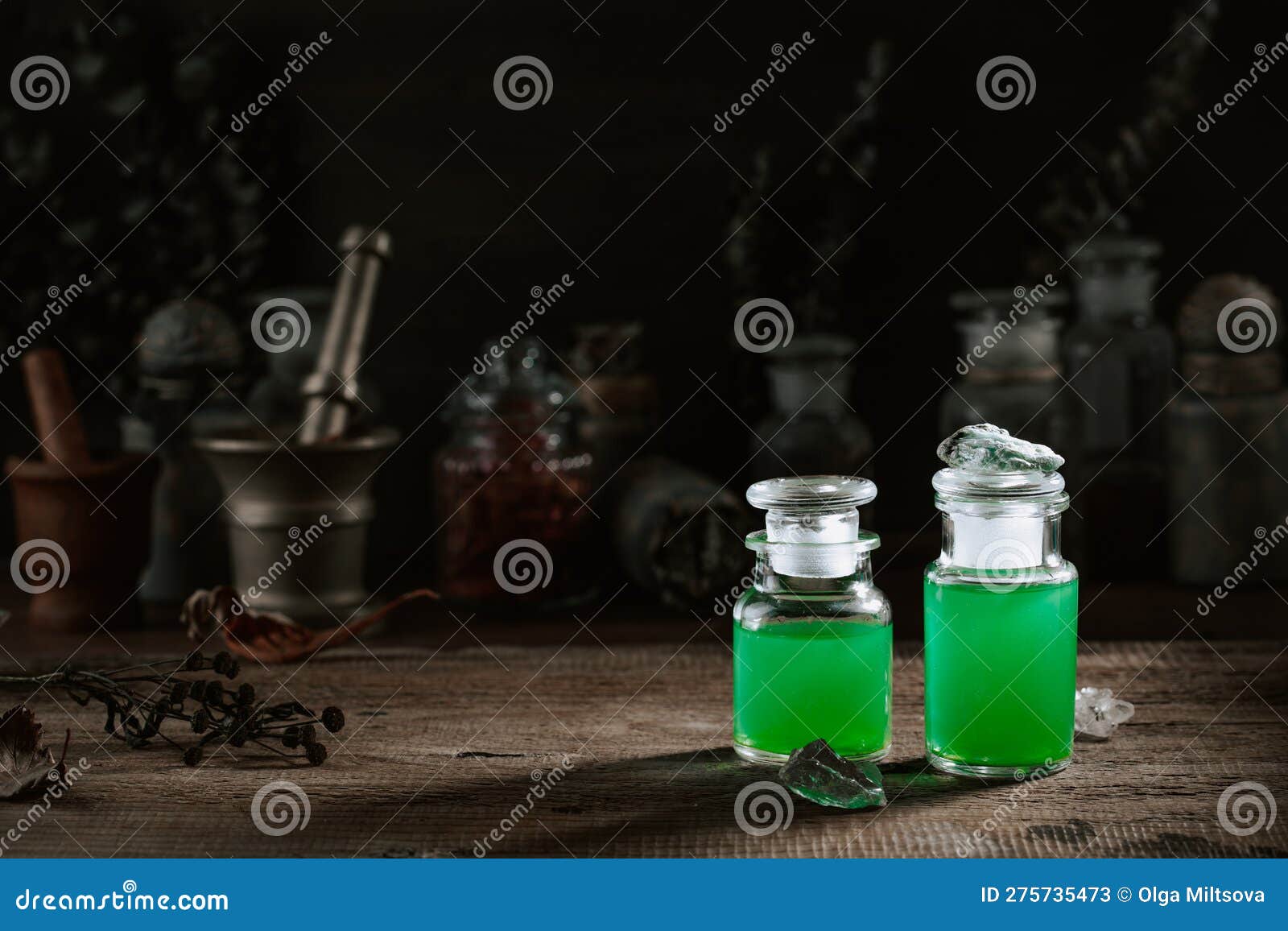 Witchcraft Still Life Concept with Potion, Herbs Ingredients Candles ...