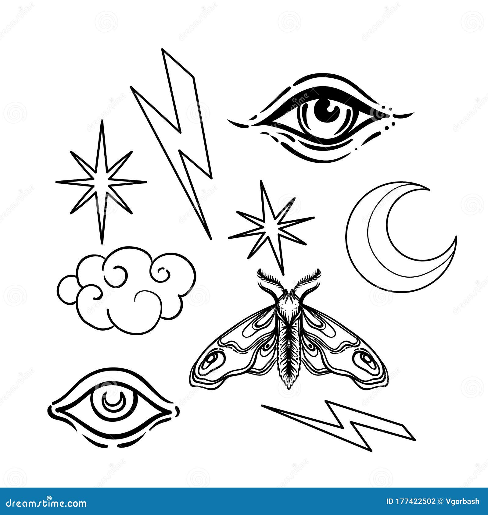 Witchcraft Symbol Set Crescent Moon Moth Cloud All Seeing Eye Star Lightning Bolt Tattoo Style Vector Stock Vector Illustration Of Pagan Insect 177422502