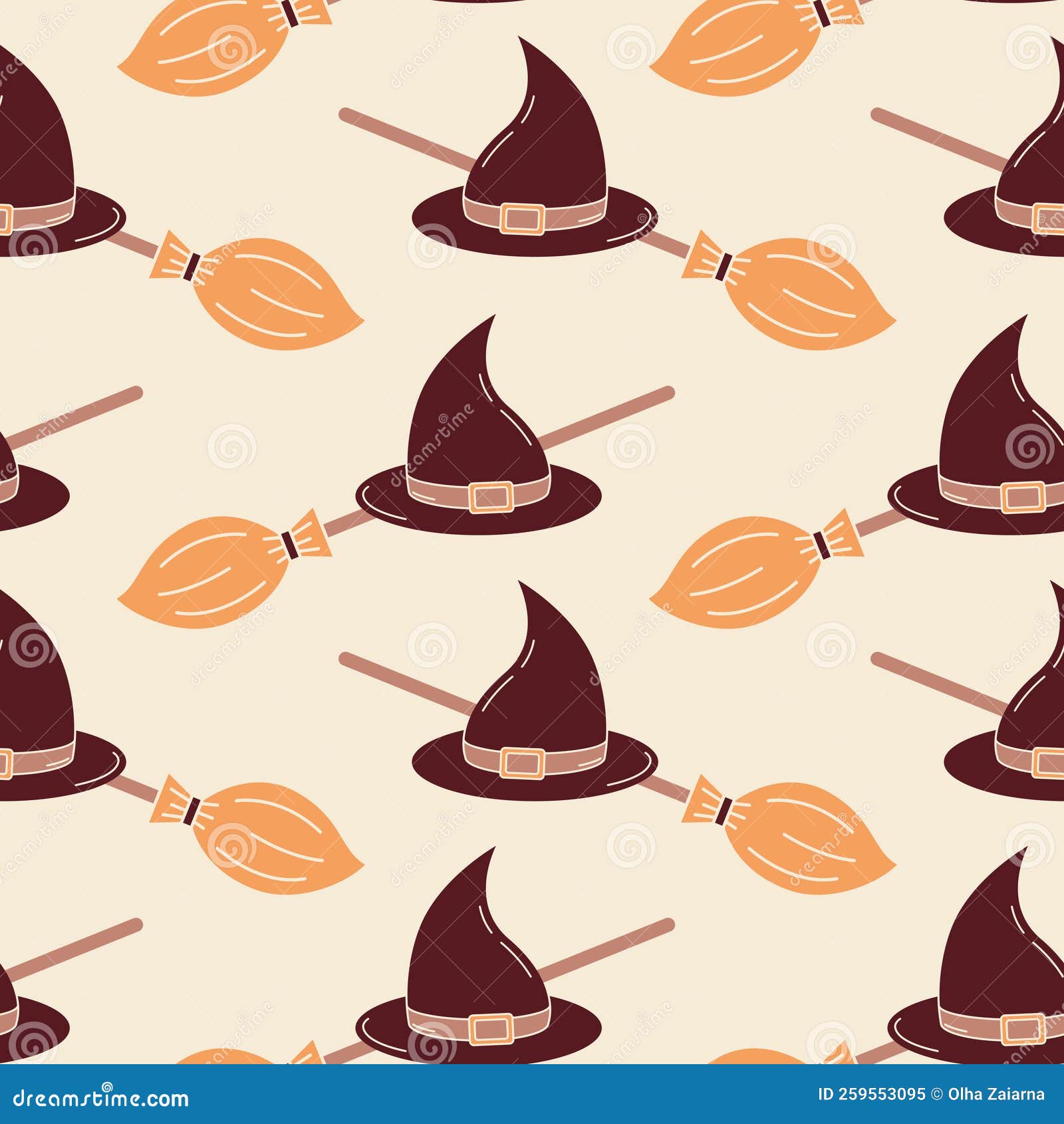 witchcrafts seamless pattern cartoon style.   broom stick and witch hat in endless background for halloween