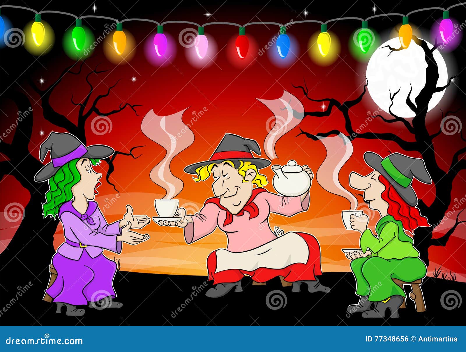 Witches Celebrate a Halloween Party with Magic Potion Stock Vector