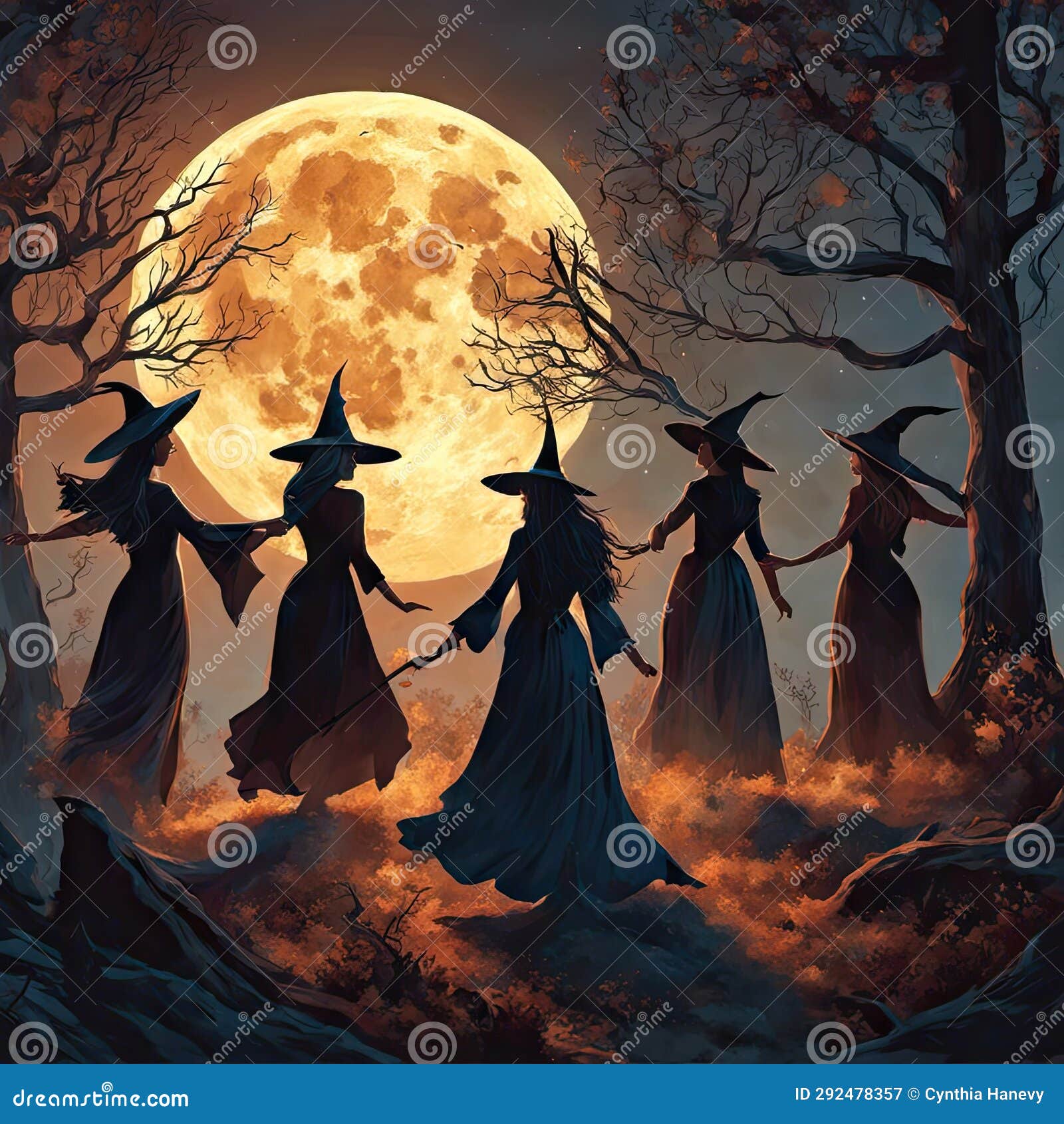 Witches Dancing Under the Moon Stock Illustration - Illustration of ...