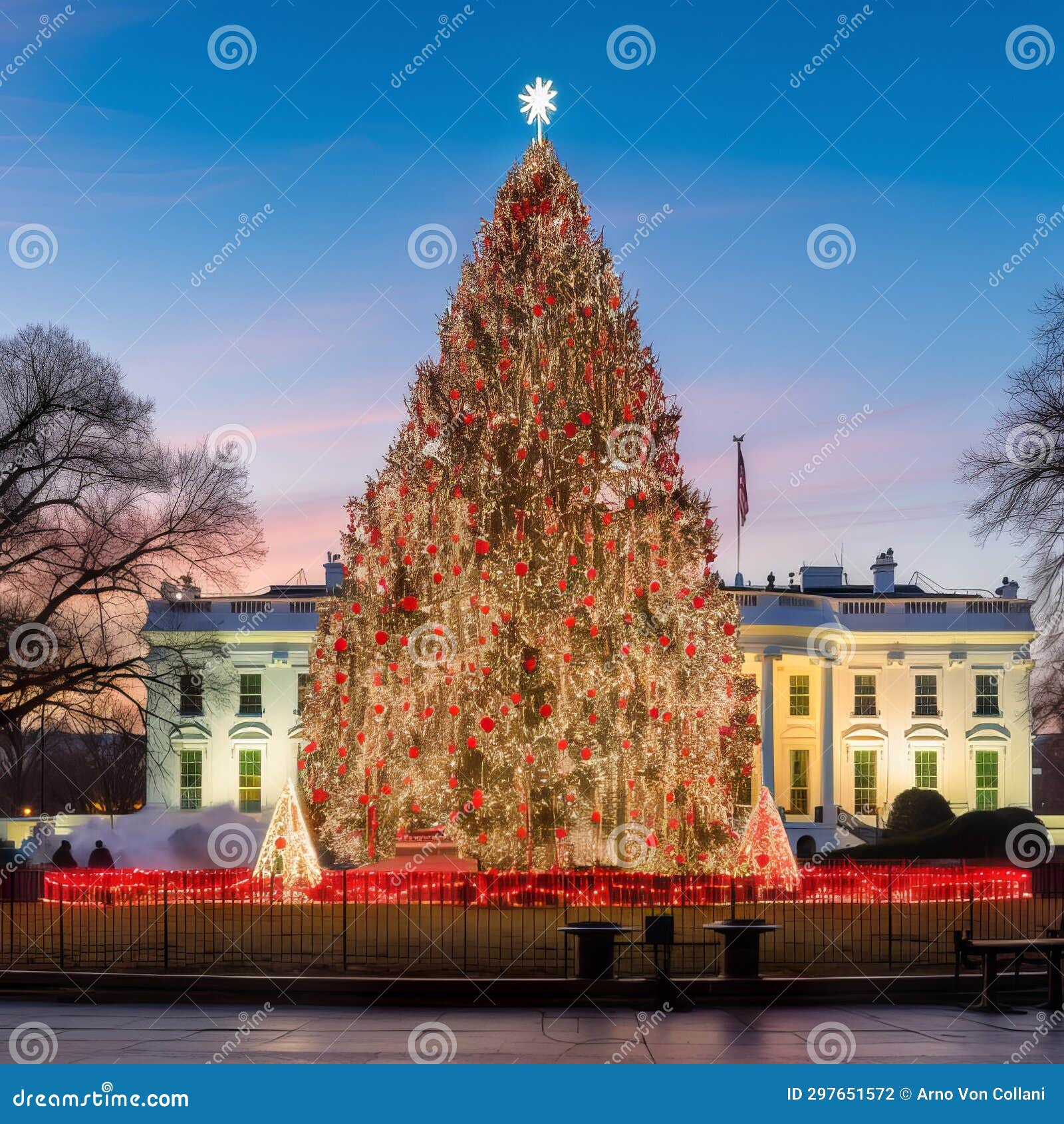 Holiday Splendor White House Illuminated by Grand Christmas Tree Stock