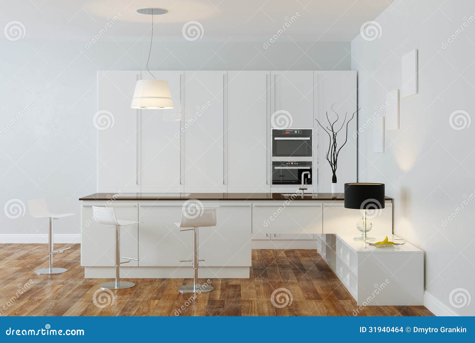 Witte luxehi tech keuken met bar (front view) stock afbeeldingen ... Woonkamer blauw rood